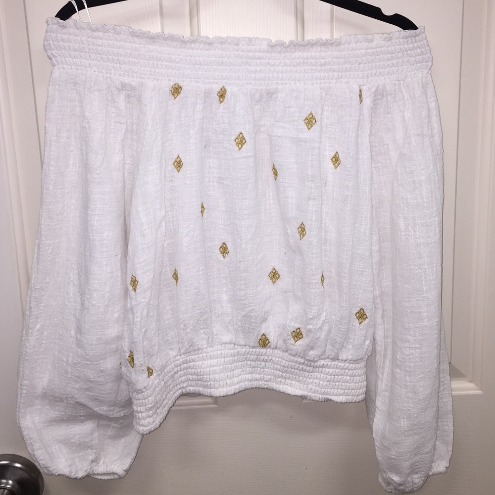 Off the shoulder white and gold top